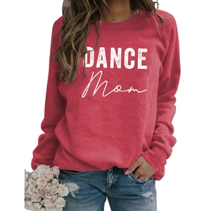 Detail of DANCE MOM print on a long sleeve crewneck sweatshirt in dark red color