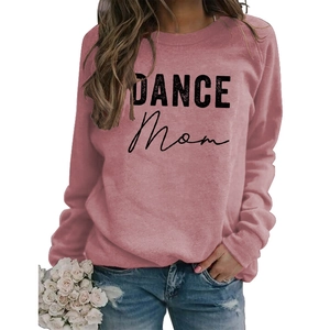 Detailed shot of DANCE MOM print on pink long sleeve crewneck sweatshirt for women