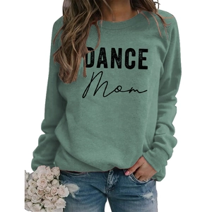 Detail of sage green sweatshirt with DANCE MOM print and casual round neck design