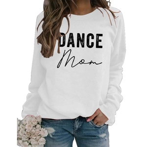 Detail of DANCE Mom black art font print on white long sleeve crewneck sweatshirt