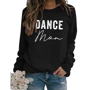 Detail of DANCE MOM print on black long-sleeve crewneck sweatshirt with white roses