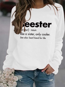 Close-up of Seester letter print and dictionary definition on white cotton sweatshirt