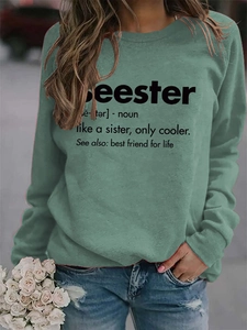 Detail of Seester definition print on loose fit grey-green round neck sweatshirt