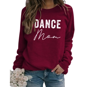Detail of white DANCE Mom letter print on burgundy crewneck long sleeve sweatshirt