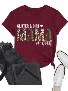 Flat lay of wine red T-shirt with GLITTER DIRT lettering and leopard camouflage MAMA print
