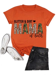 Flat lay of orange T-shirt with GLITTER DIRT MAMA leopard and camo print design