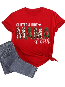 Detail of red GLITTER DIRT MAMA T-shirt with leopard and camo print lettering