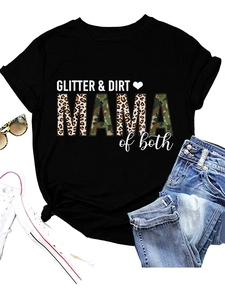 Flat lay of black crew neck T-shirt with GLITTER DIRT print and leopard MAMA text
