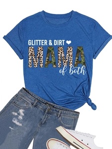 Detail of blue crew neck T-shirt with GLITTER DIRT MAMA print and leopard camouflage text