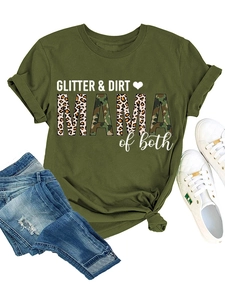 Flat lay of olive green Glitter & Dirt Mama of both T-shirt with leopard print and jeans