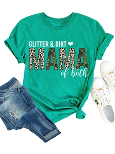 Detailed flat lay of green cotton T-shirt featuring Glitter and Dirt Mama leopard print