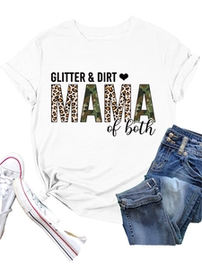 Flat lay of white GLITTER & DIRT T-shirt featuring leopard print MAMA text and a front knot