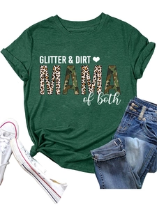 Flat lay of green cotton T-shirt with GLITTER DIRT MAMA leopard and camo print