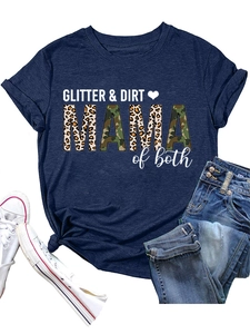 Flat lay of navy crewneck T-shirt with GLITTER DIRT print and stylish leopard camo text