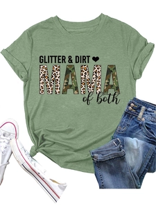 Detailed view of Glitter and Dirt Mama letter print on green short sleeve T-shirt