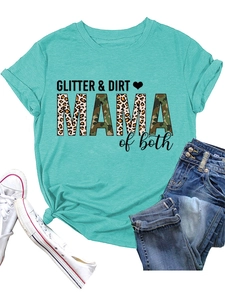 Flat lay of Tiffany blue t-shirt with GLITTER DIRT MAMA print and leopard camo details