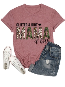 Detail of dusty rose T-shirt with GLITTER DIRT print and leopard MAMA text on white background