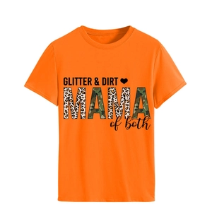 Detail of GLITTER & DIRT MAMA leopard print on a vibrant orange crewneck cotton T-shirt