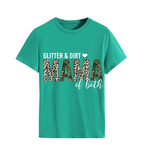 Detail of teal crewneck t-shirt with GLITTER & DIRT MAMA leopard camouflage print