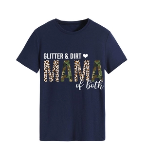 Close-up of GLITTER DIRT print with leopard and camo texture on navy blue t-shirt