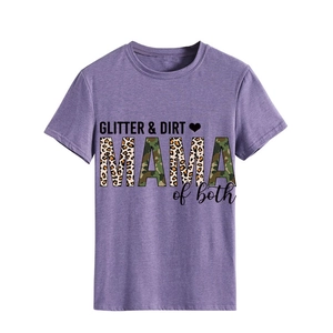 Detail of GLITTER & DIRT MAMA print with leopard pattern on purple cotton t-shirt