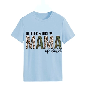Detailed close-up of light blue cotton T-shirt featuring Glitter Dirt Mama graphic print