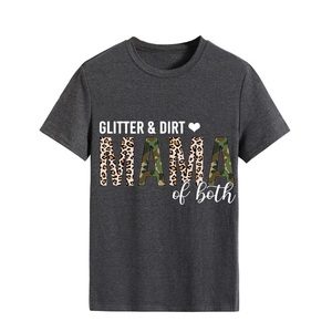 Close-up of GLITTER DIRT print with leopard and camo MAMA letters on a grey t-shirt