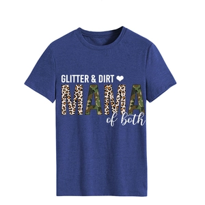 Detail of GLITTER & DIRT MAMA text with leopard print on a navy blue cotton t-shirt