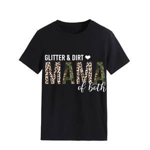 Detailed view of Glitter & Dirt MAMA print on a black crew neck short sleeve t-shirt