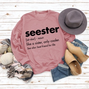 Flat lay of pink sweatshirt with Seester print on white wooden floor with autumn decor