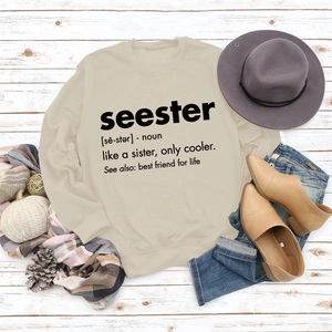 Flat lay of sand-colored sweatshirt with 'seester' definition print and autumn accessories