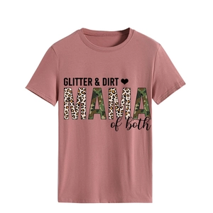 Detail of GLITTER & DIRT MAMA print on pink short sleeve t-shirt with leopard pattern