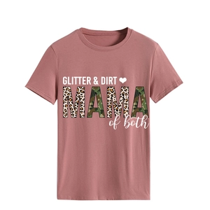 Detail of GLITTER & DIRT MAMA leopard print on pink crew neck cotton t-shirt