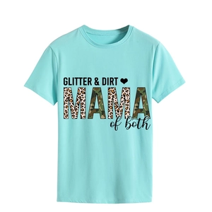 Close-up of GLITTER & DIRT print with leopard and camo patterns on mint cotton t-shirt