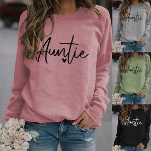 Detail view of the Auntie letter print sweatshirt available in pink, grey, green, and black