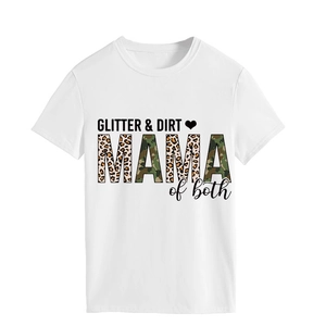 Detailed view of the GLITTER & DIRT MAMA print with leopard and camo patterns on white t-shirt