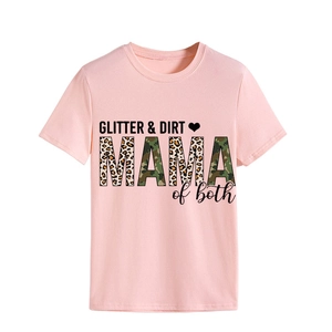 Detail of pink t-shirt featuring GLITTER DIRT MAMA print with leopard and camo textures