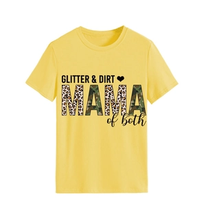 Close-up of yellow T-shirt showing Glitter & Dirt Mama letter print with leopard camo