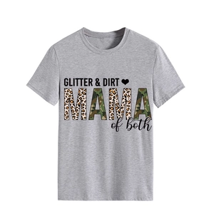 Close-up of GLITTER & DIRT MAMA print with leopard and camo patterns on grey cotton t-shirt