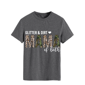 Detail of the leopard and camo print lettering on this grey GLITTER DIRT cotton T-shirt