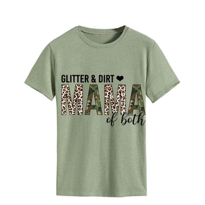 Detail of GLITTER & DIRT printed t-shirt showing leopard and camo pattern on MAMA text
