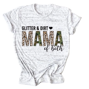 Detail of GLITTER & DIRT MAMA leopard print on grey heather cotton t-shirt fabric