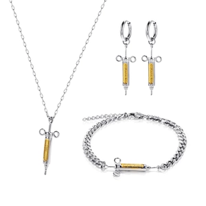 Hip hop style syringe pendant necklace bracelet and earrings jewelry set in silver finish