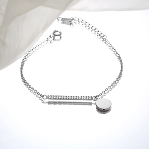 Minimalist silver stainless steel double-chain bracelet with sparkling row of cubic zirconia