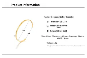 Detailed size specifications of the gold C-shaped titanium steel cuff bracelet for unisex