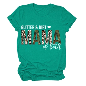 Close-up of GLITTER & DIRT MAMA print with leopard and camo patterns on teal t-shirt