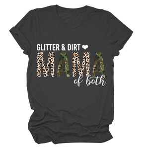 Detail of GLITTER DIRT MAMA print on charcoal grey cotton t-shirt with leopard pattern