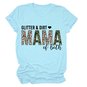 Detail of GLITTER & DIRT MAMA text with leopard and camo print on blue t-shirt