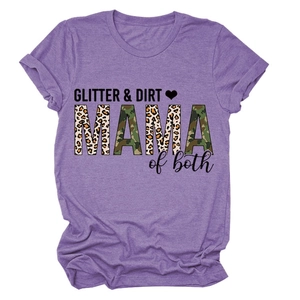 Detail of GLITTER & DIRT print with leopard and camo MAMA letters on purple t-shirt