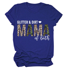 Detailed close-up of blue GLITTER & DIRT MAMA cotton t-shirt with leopard and camo print